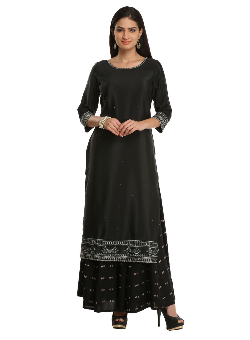 Black Printed 3/4 Sleeve kurta With Gillet
