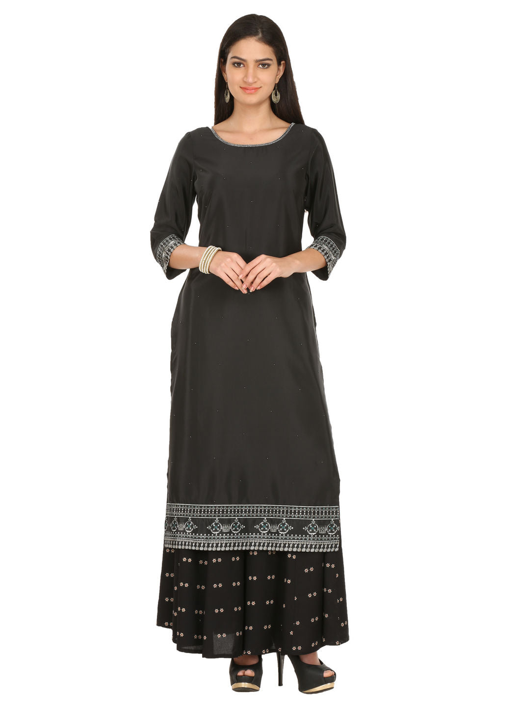 Black Printed 3/4 Sleeve kurta With Gillet