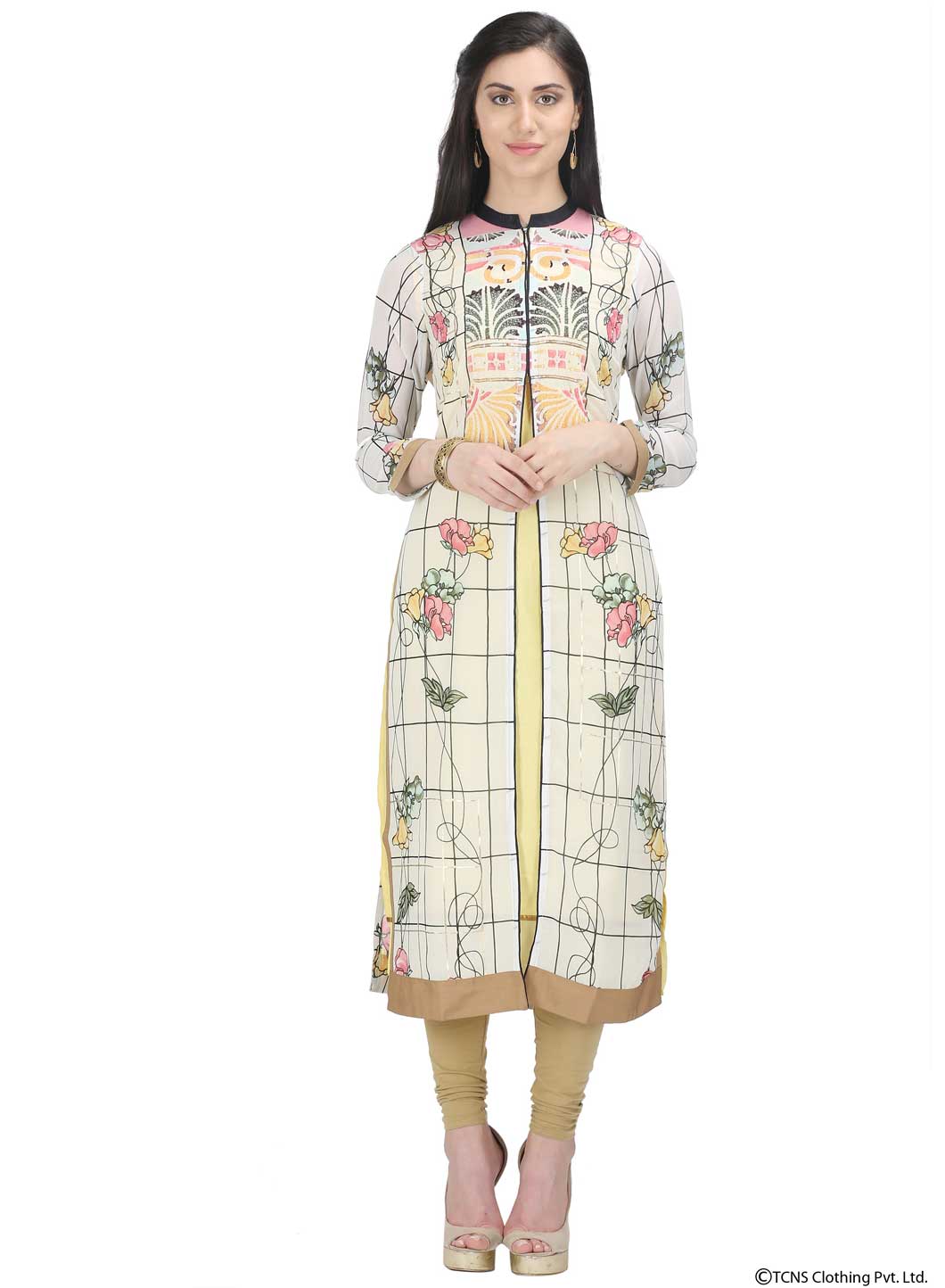 White Printed 3/4 Sleeve kurta