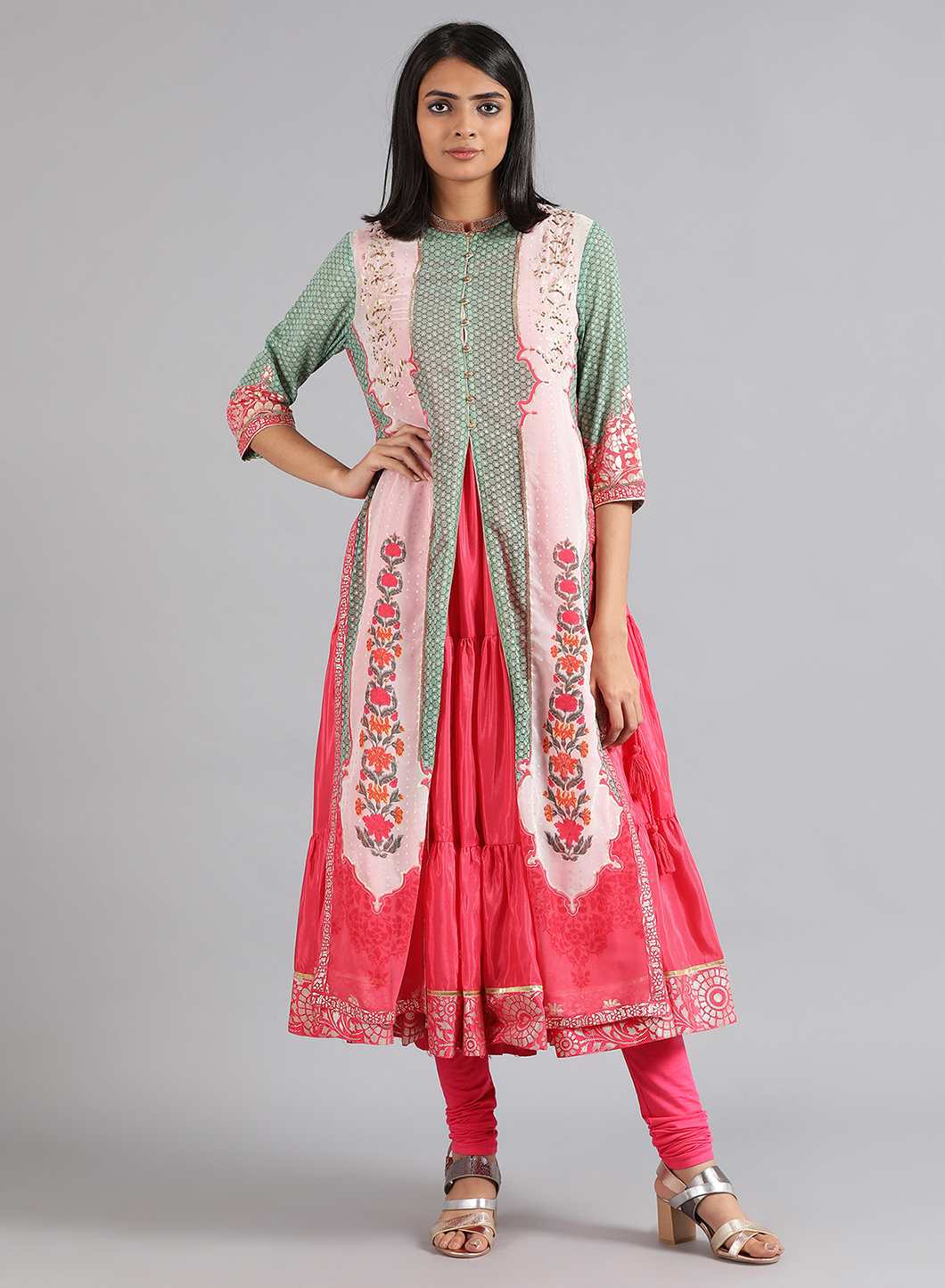 Green & Pink Round Neck Printed kurta