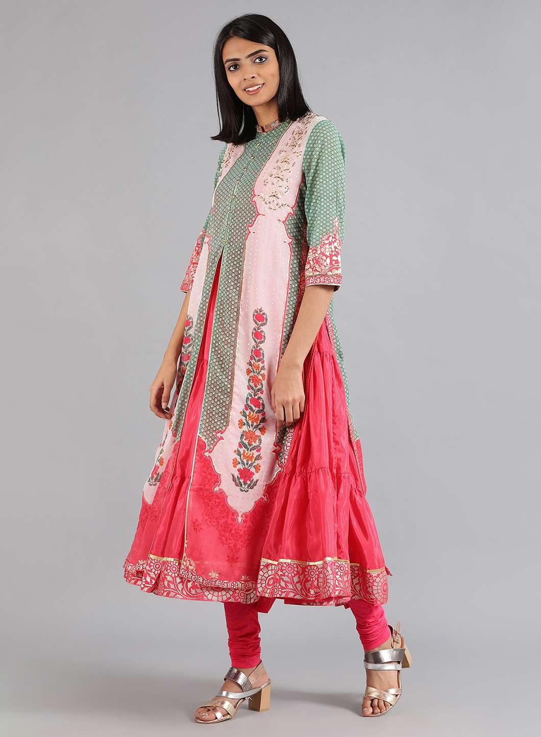 Green & Pink Round Neck Printed kurta