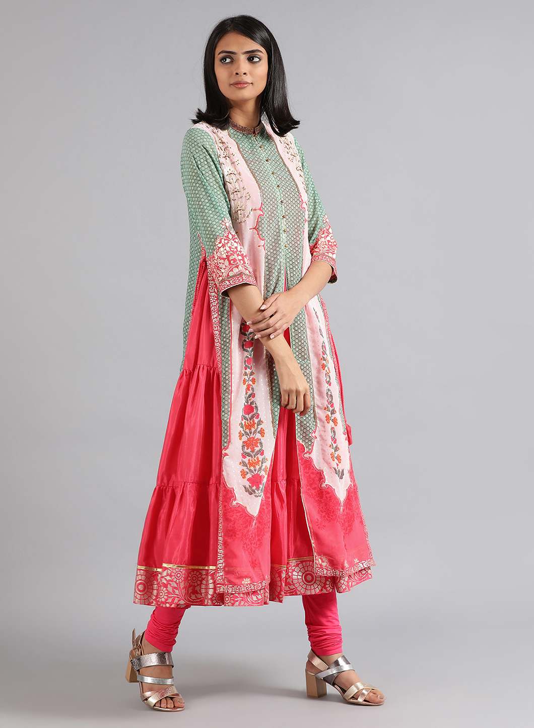 Green & Pink Round Neck Printed kurta