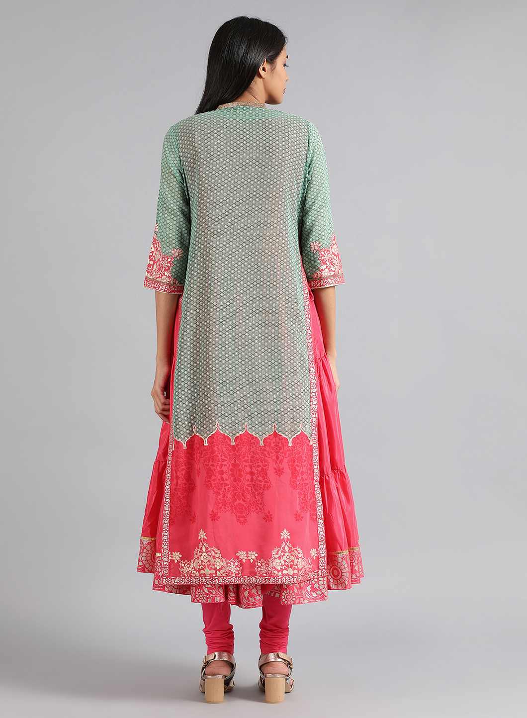 Green & Pink Round Neck Printed kurta