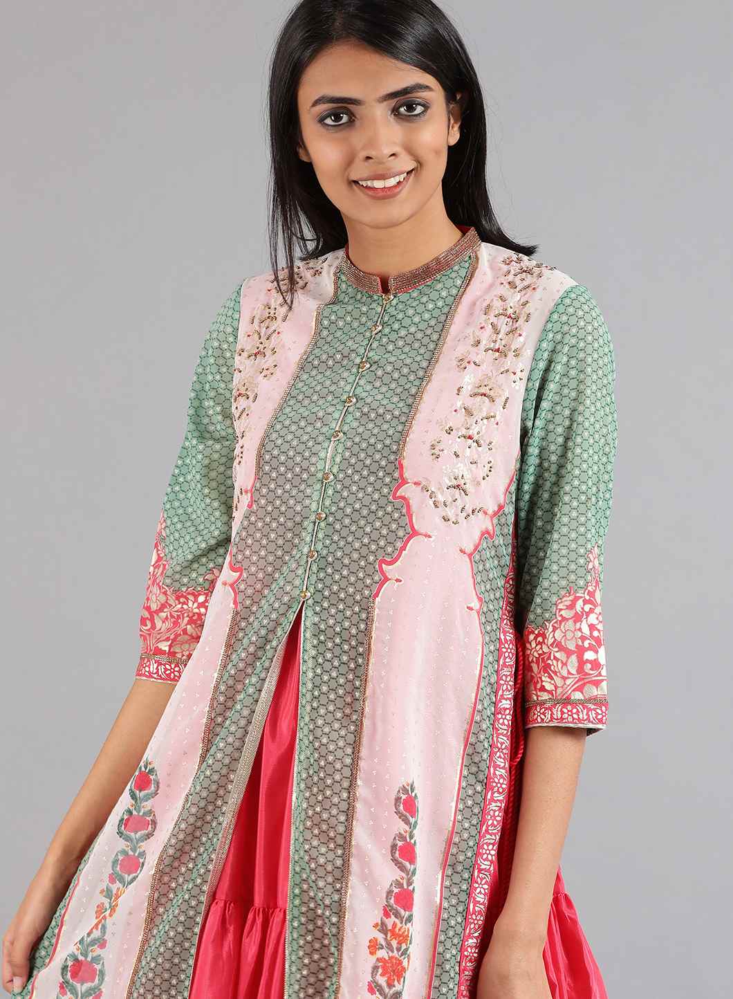 Green & Pink Round Neck Printed kurta