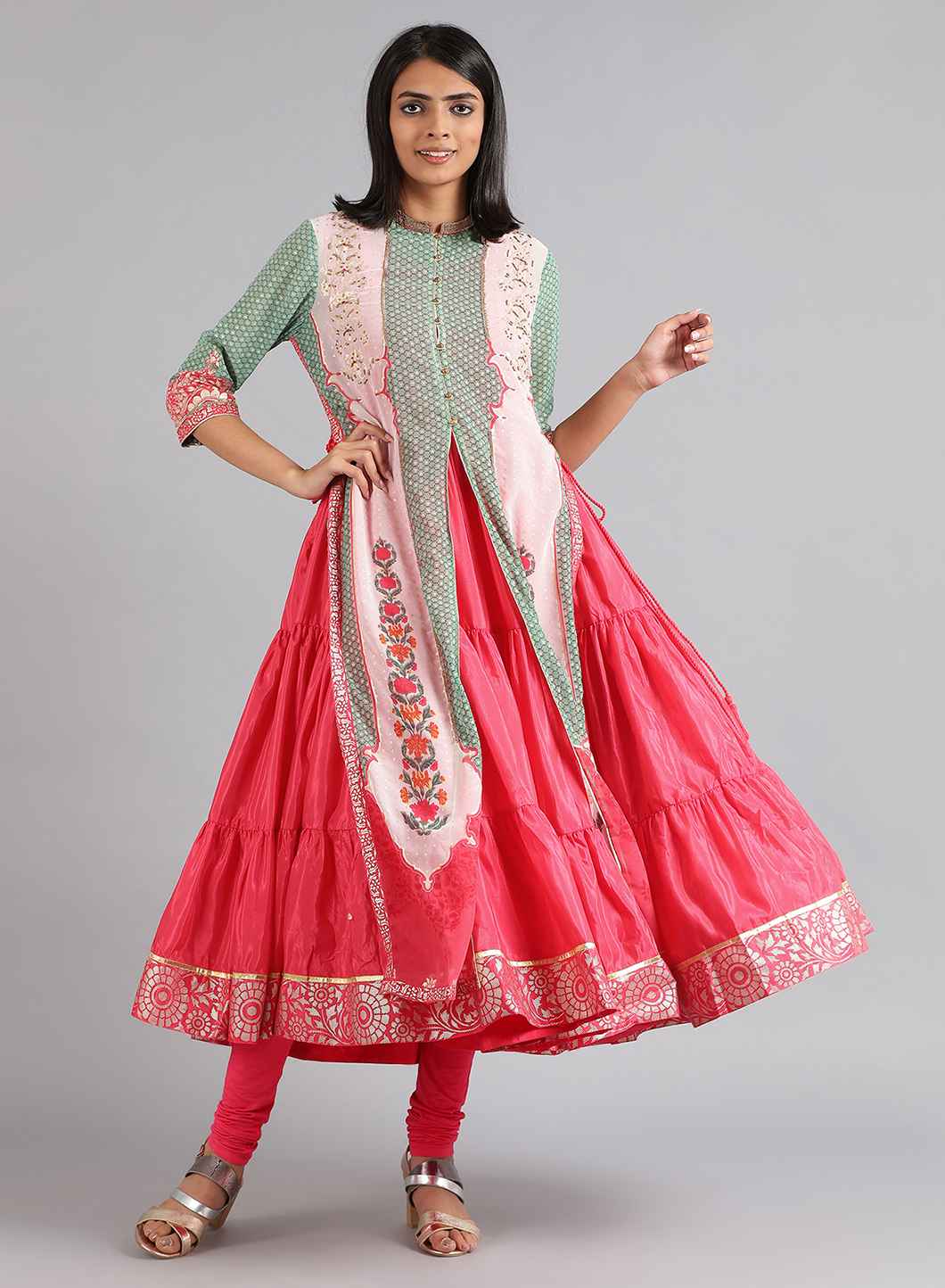 Green & Pink Round Neck Printed kurta