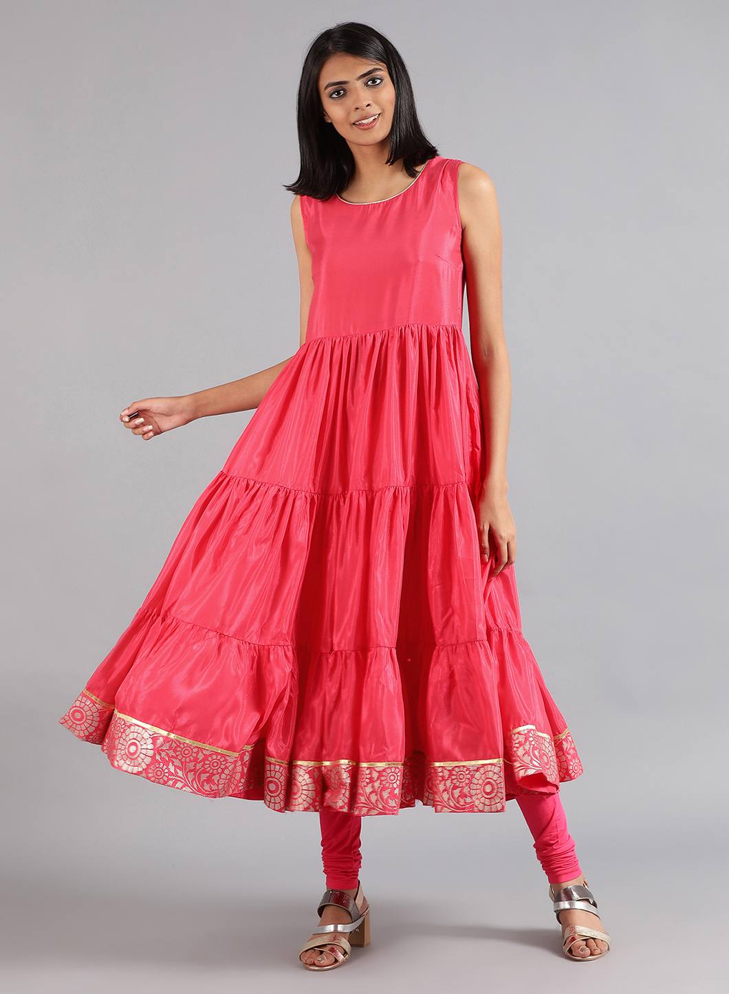 Green & Pink Round Neck Printed kurta