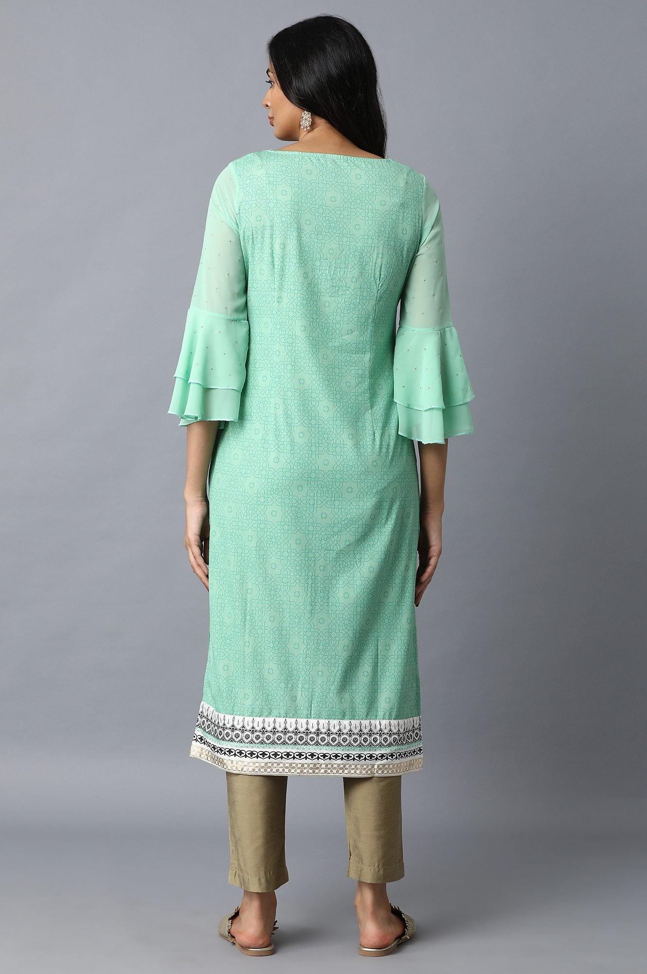 White and Green Printed Straight kurta - wforwoman