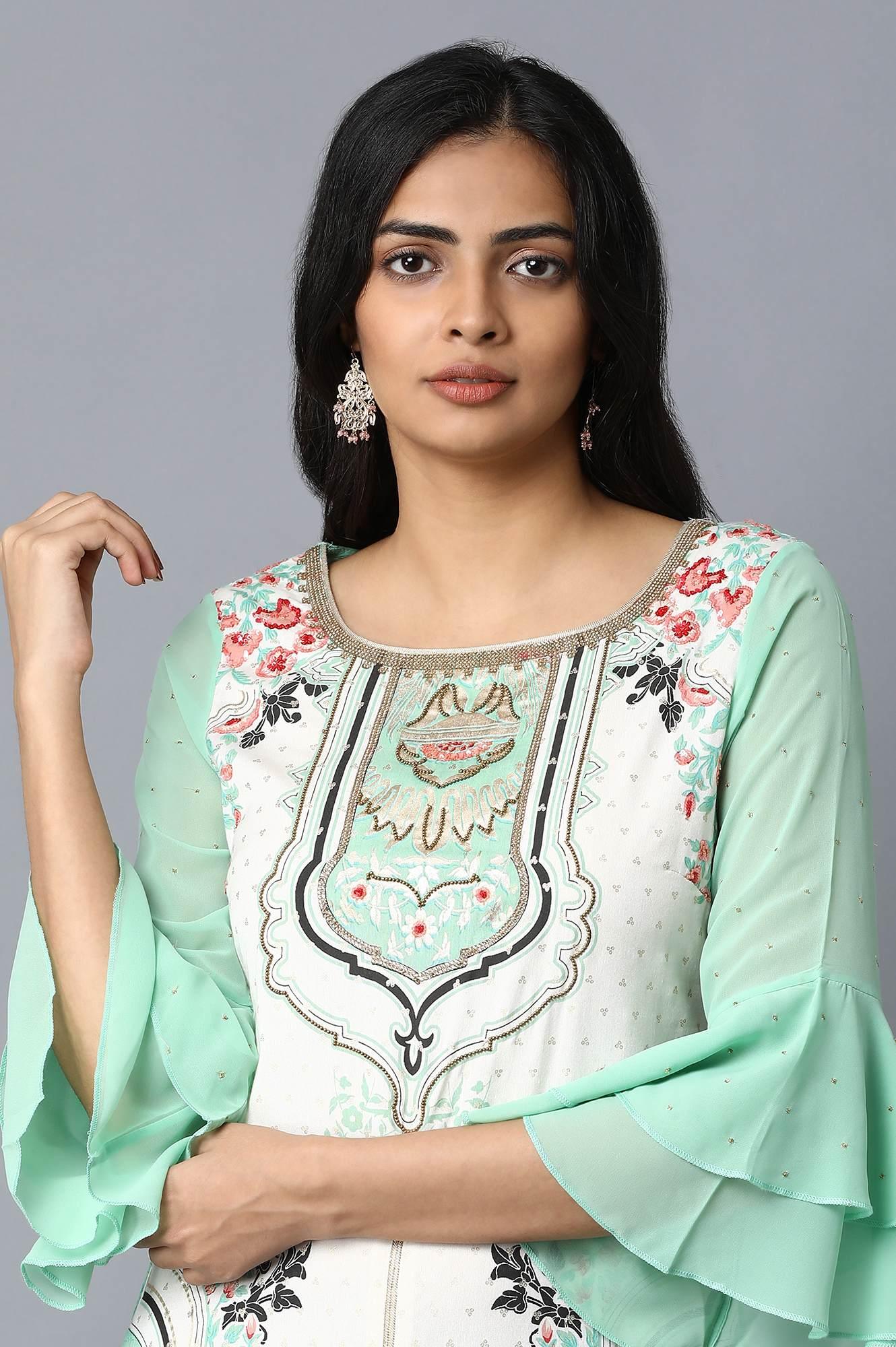 White and Green Printed Straight kurta - wforwoman