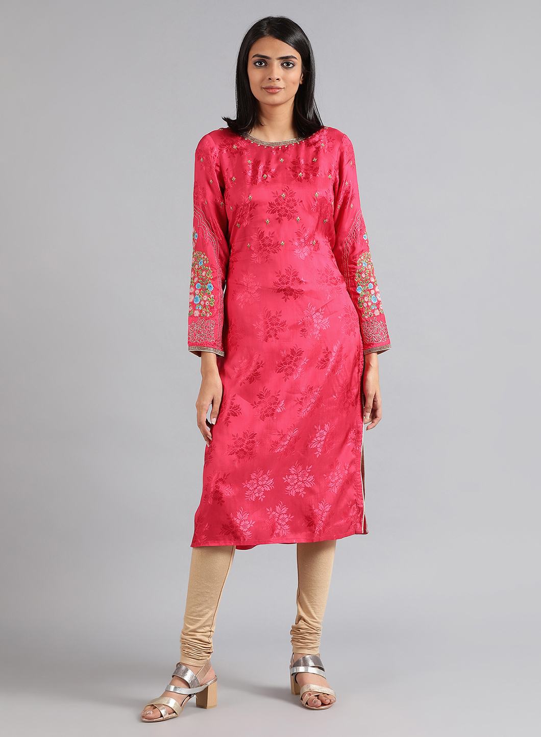 Pink Round Neck Floral Print kurta