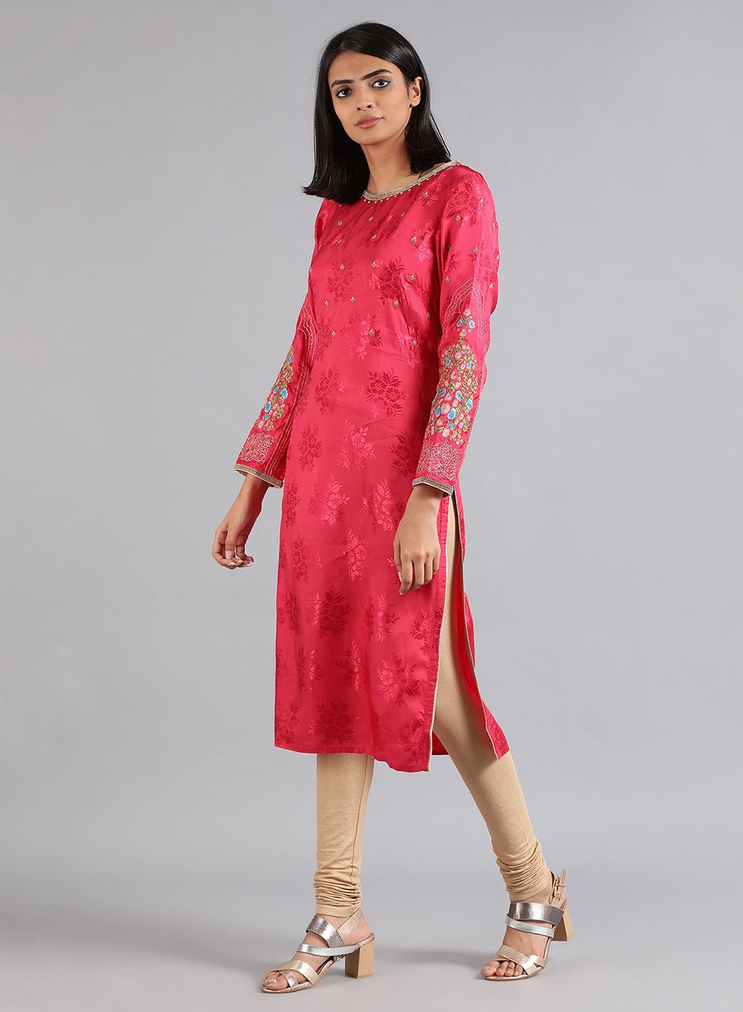Pink Round Neck Floral Print kurta