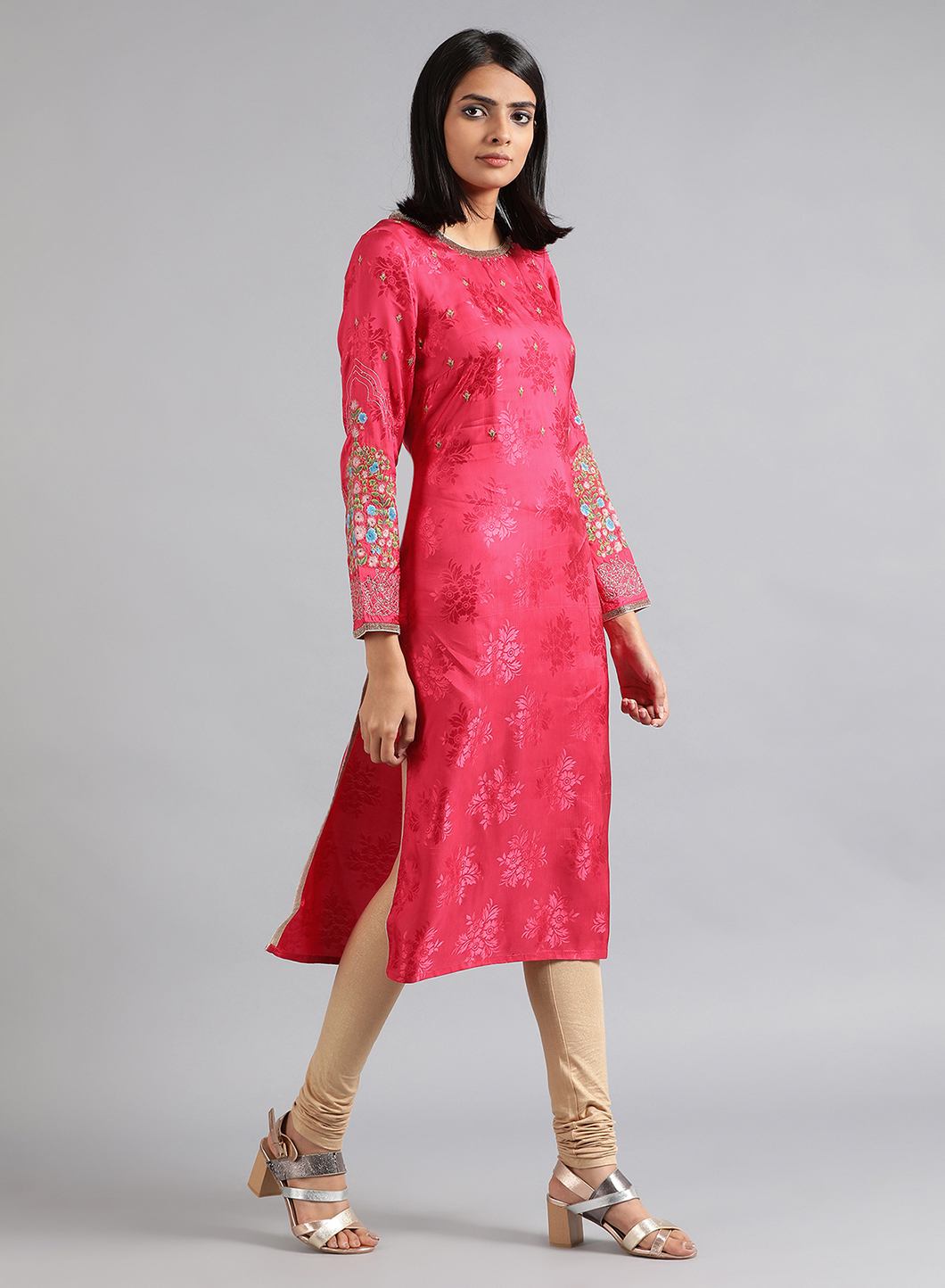 Pink Round Neck Floral Print kurta