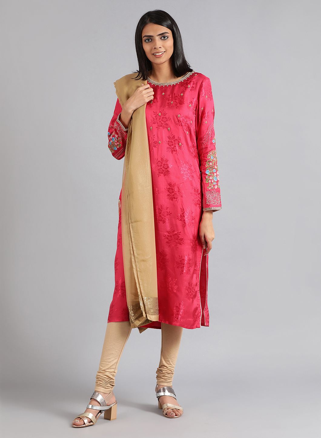 Pink Round Neck Floral Print kurta