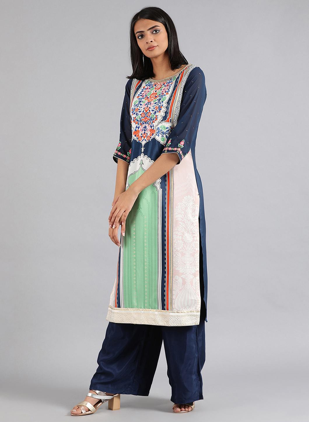 Blue & Green Round Neck Printed kurta