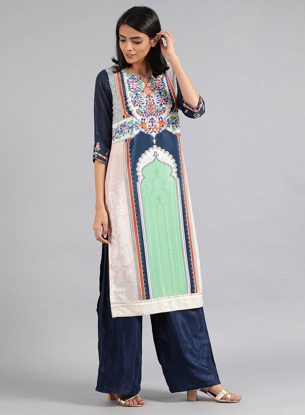 Blue & Green Round Neck Printed kurta