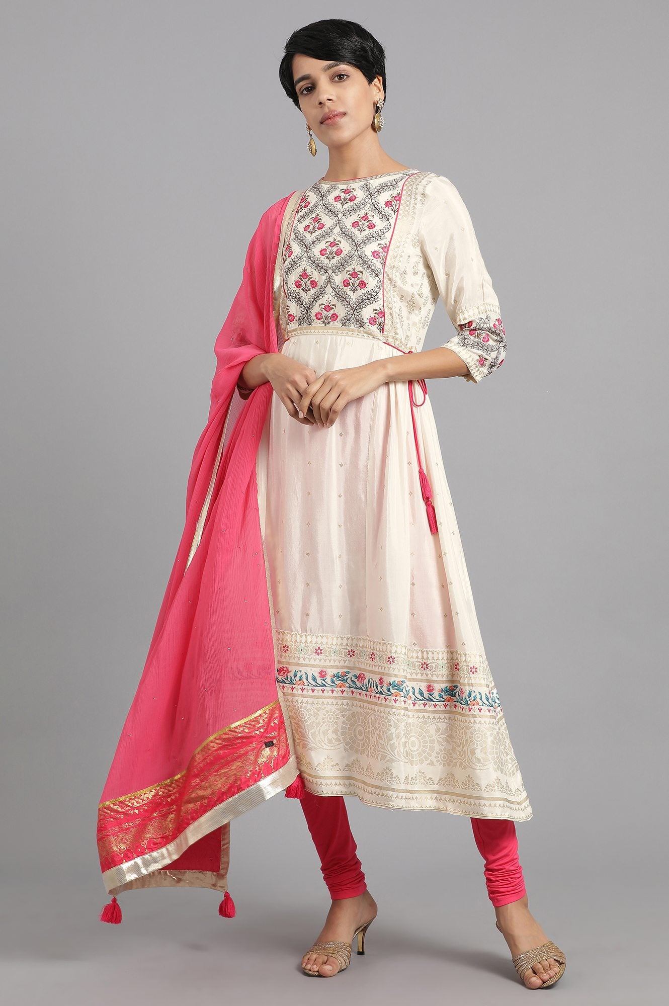 Ecru Round Neck Printed kurta