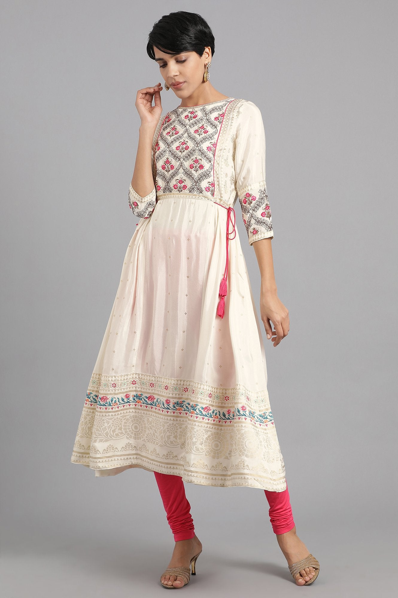 Ecru Round Neck Printed kurta