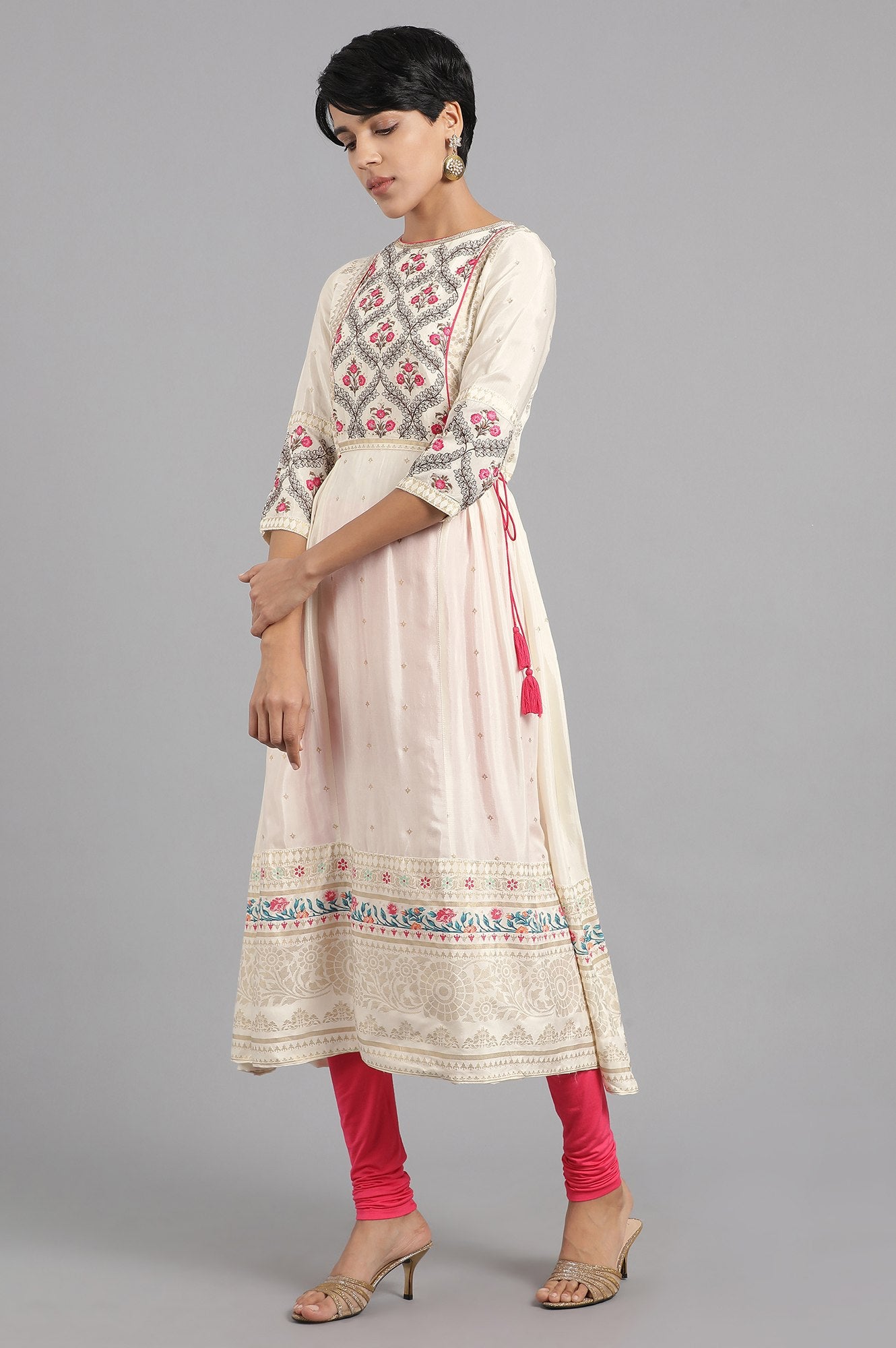 Ecru Round Neck Printed kurta