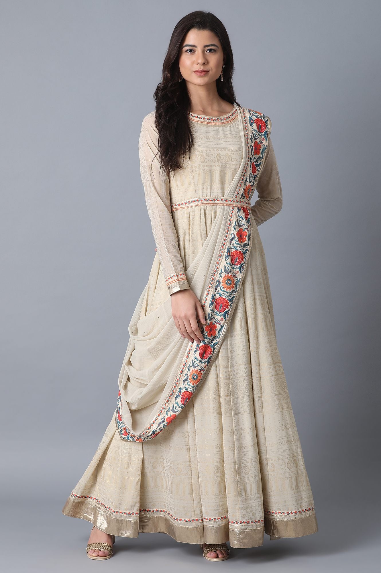 Beige Printed A-Line kurta