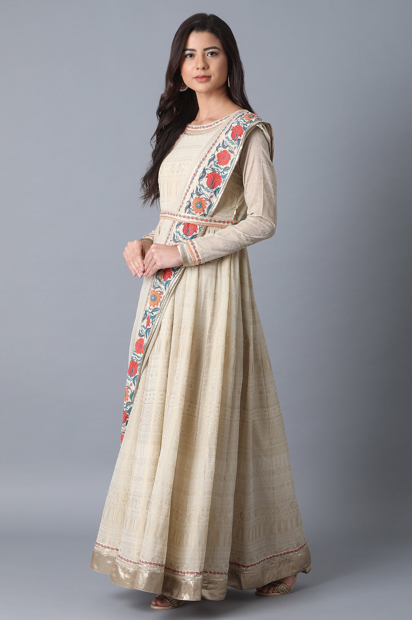 Beige Printed A-Line kurta