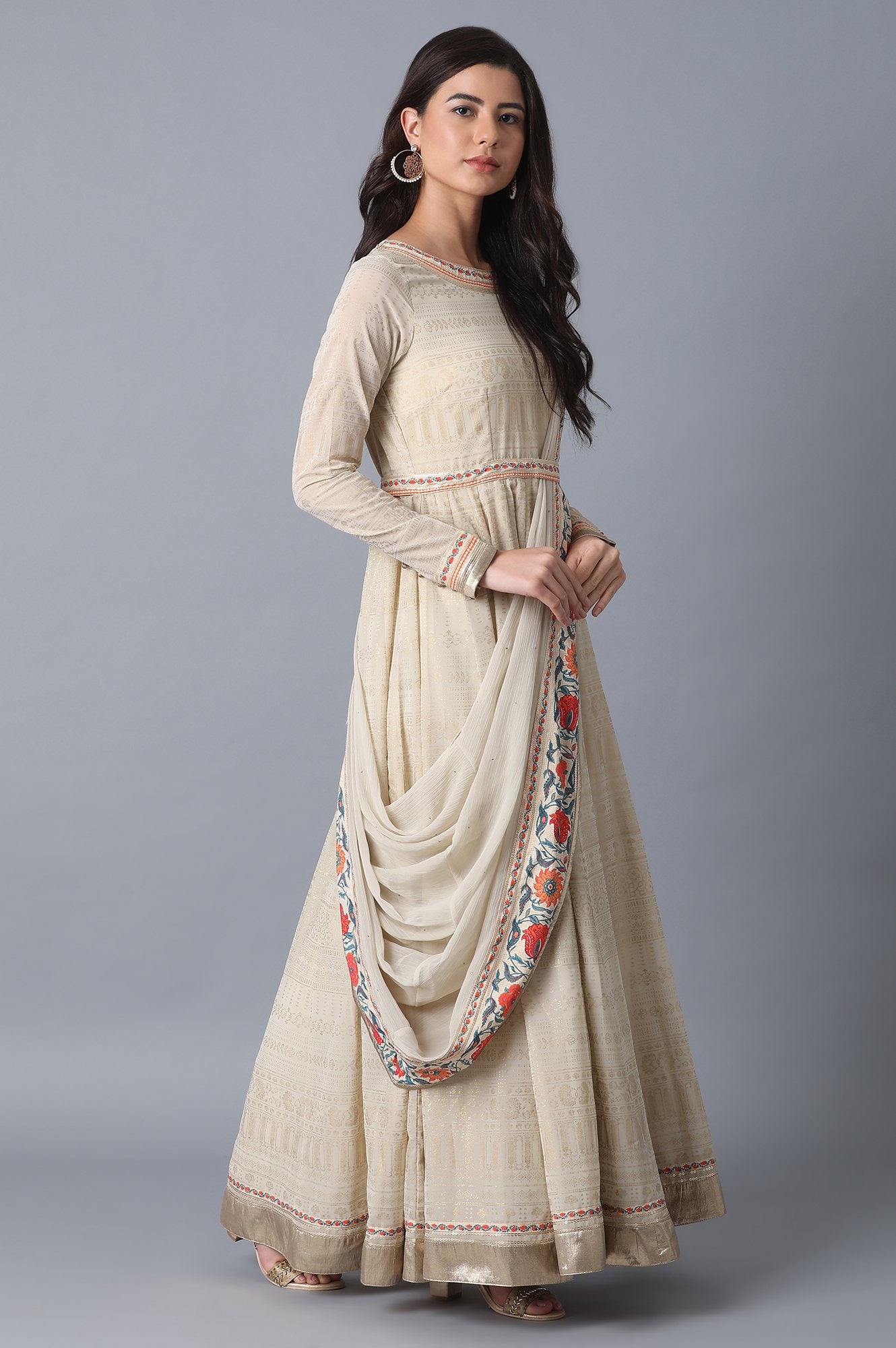 Beige Printed A-Line kurta