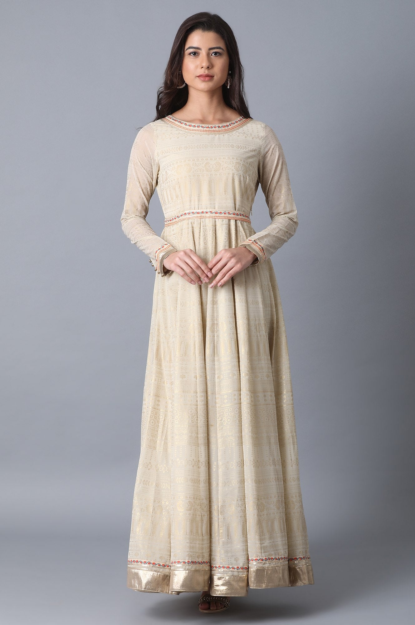 Beige Printed A-Line kurta