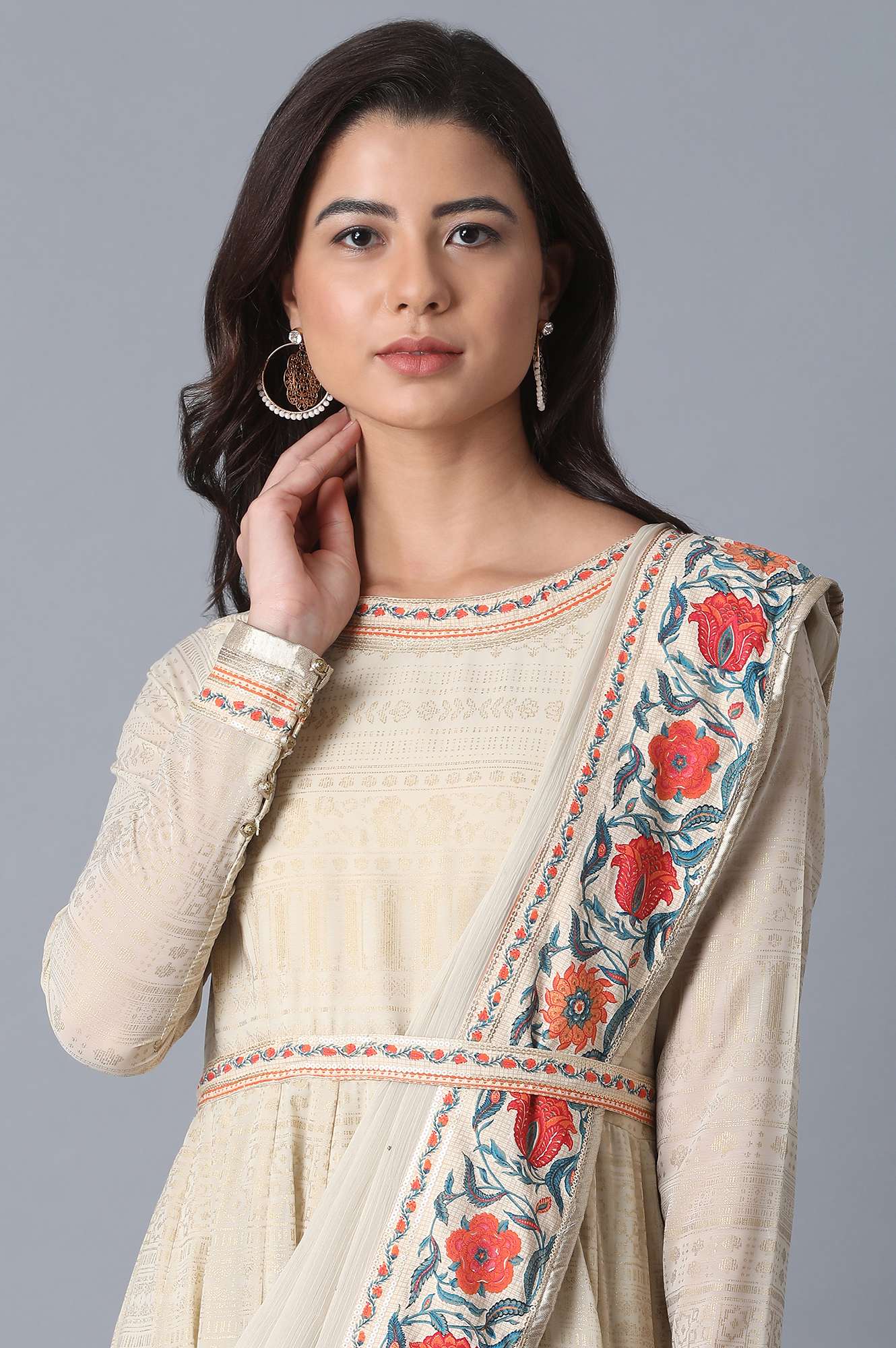 Beige Printed A-Line kurta