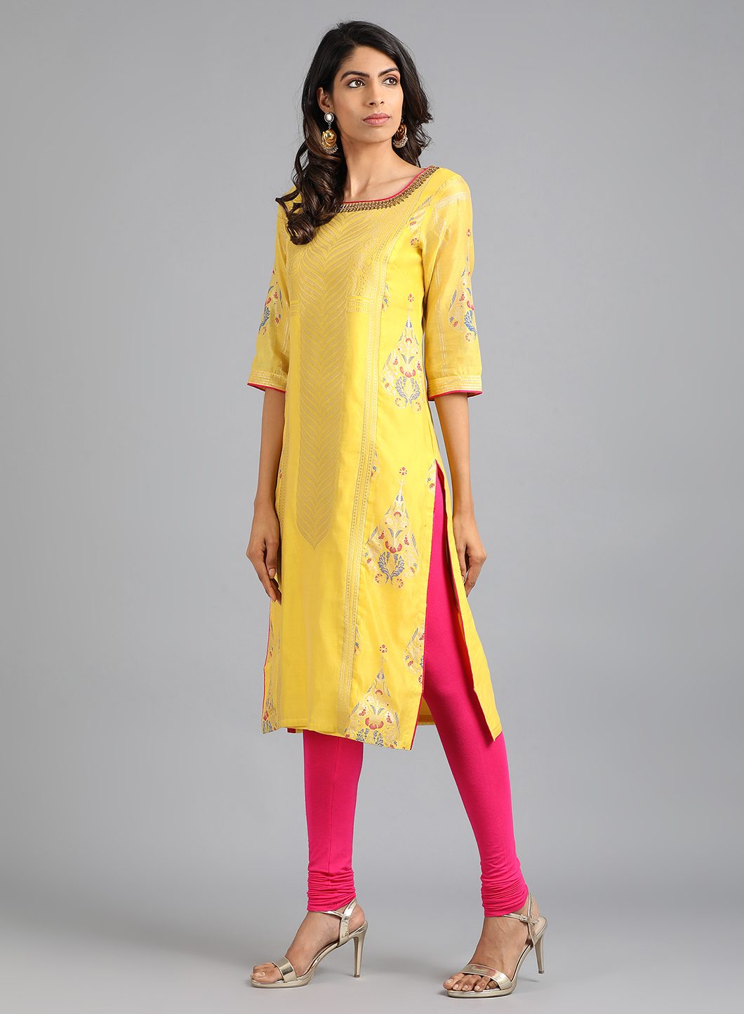 Yellow Boat Neck Yarn-Dyed kurta