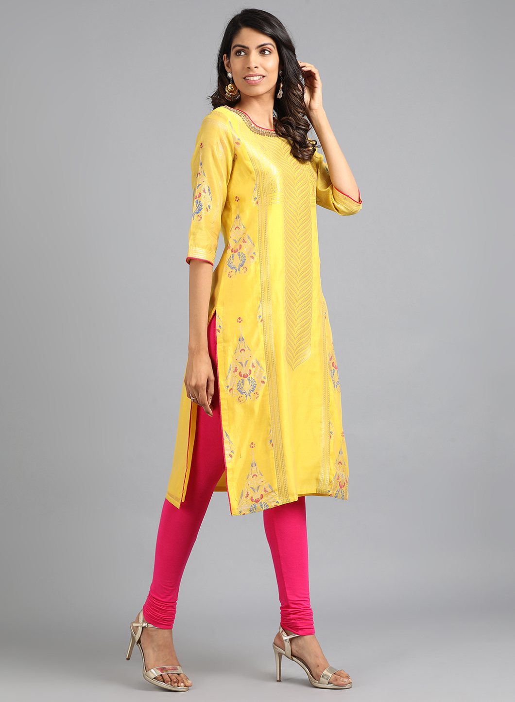 Yellow Boat Neck Yarn-Dyed kurta