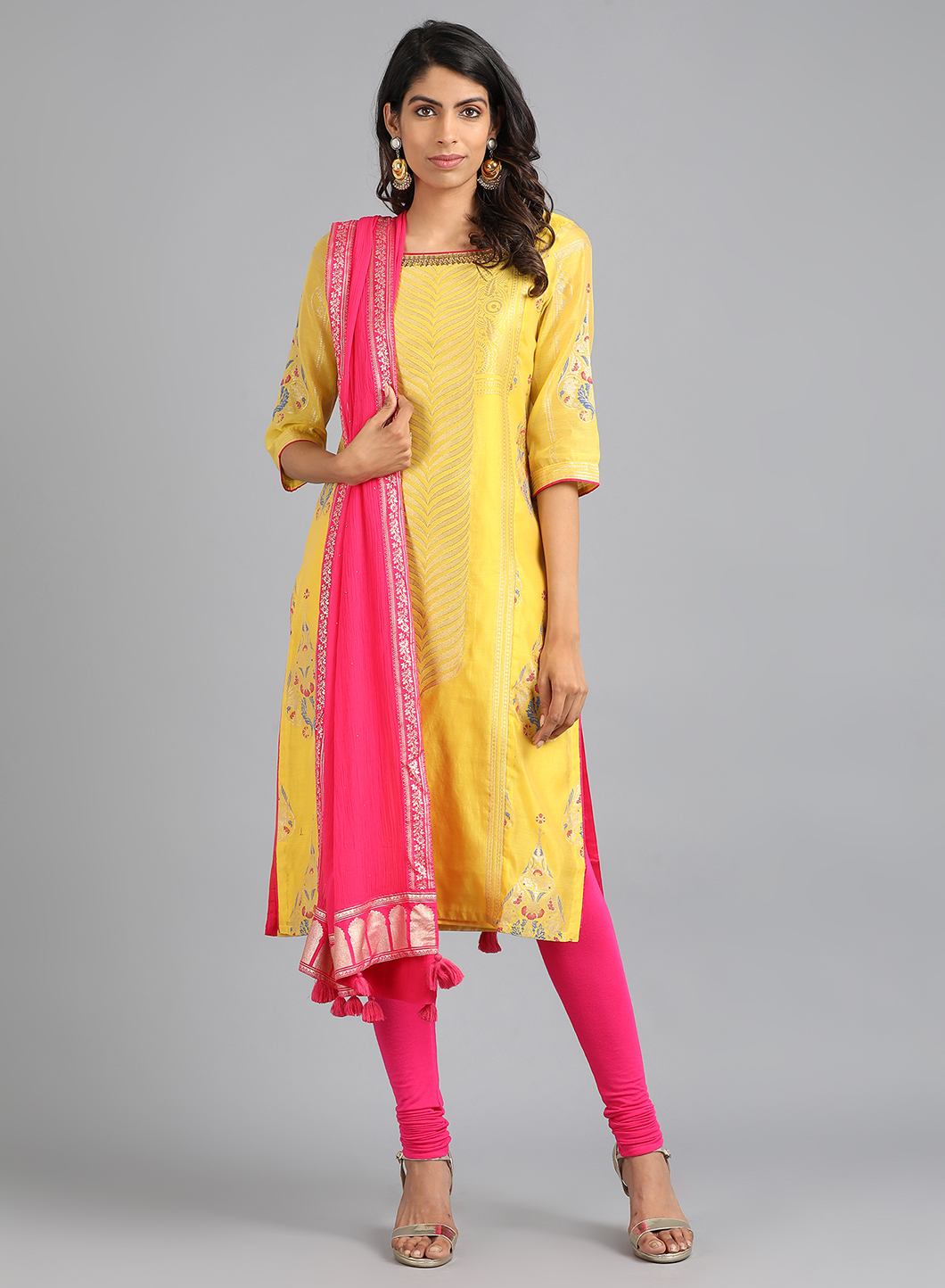 Yellow Boat Neck Yarn-Dyed kurta