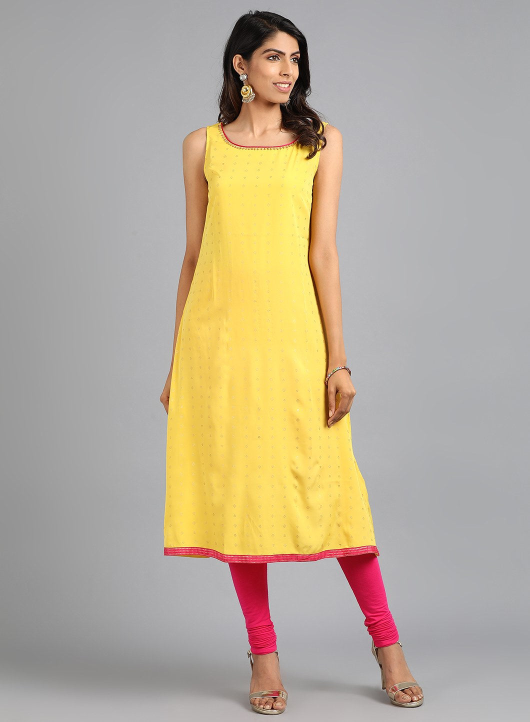 Yellow Round Neck Printed kurta