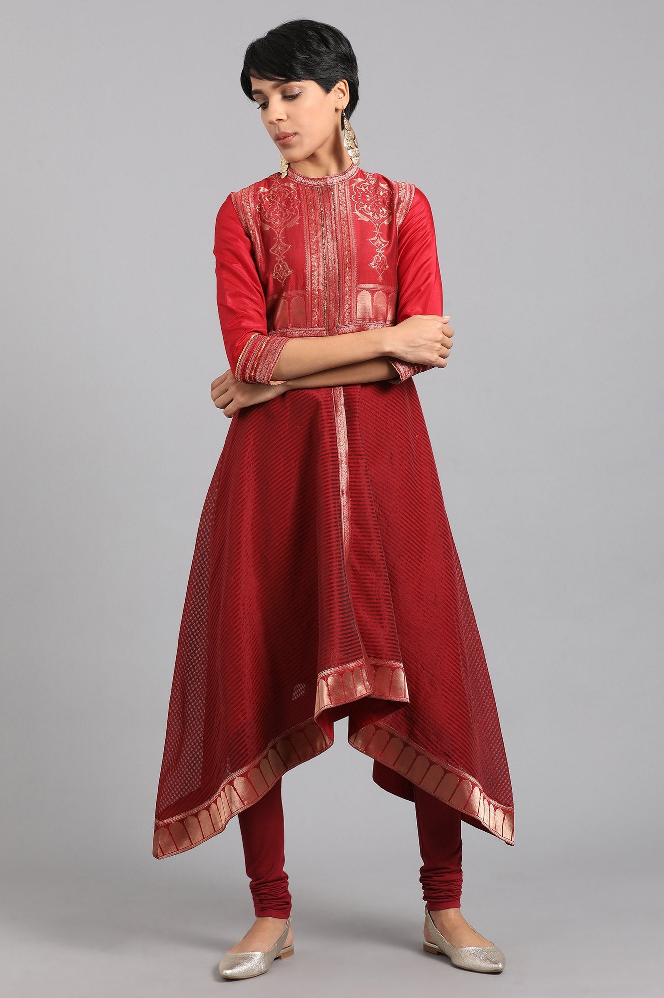 Maroon Mandarin Collar Yarn-dyed kurta