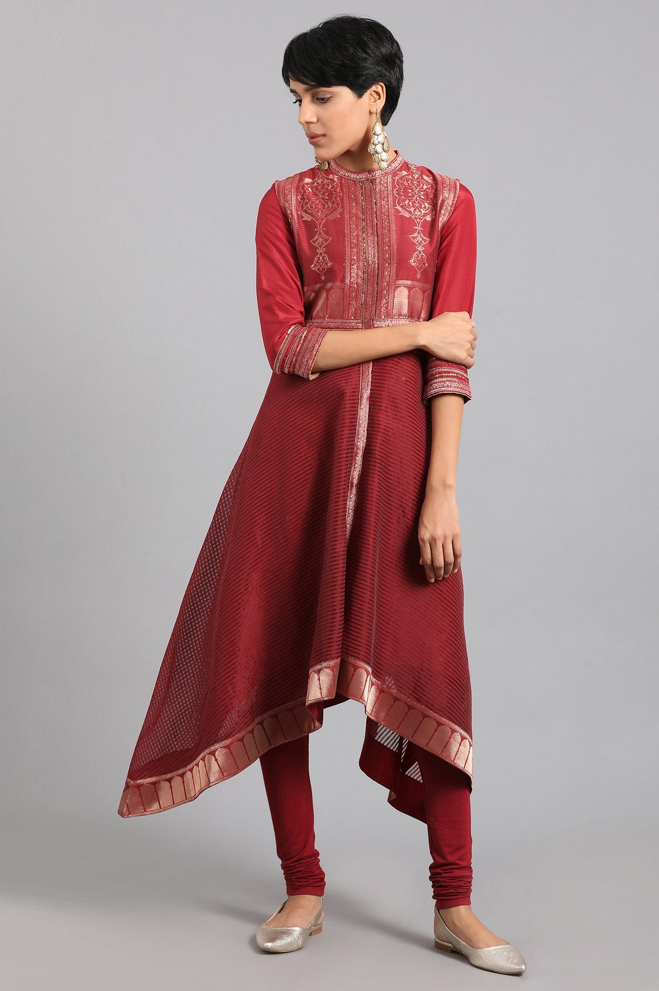 Maroon Mandarin Collar Yarn-dyed kurta