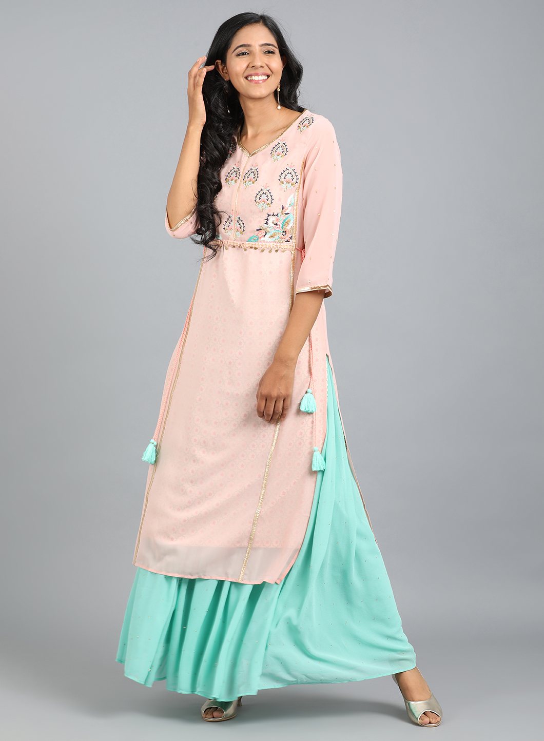Pink V Neck Embroidered kurta