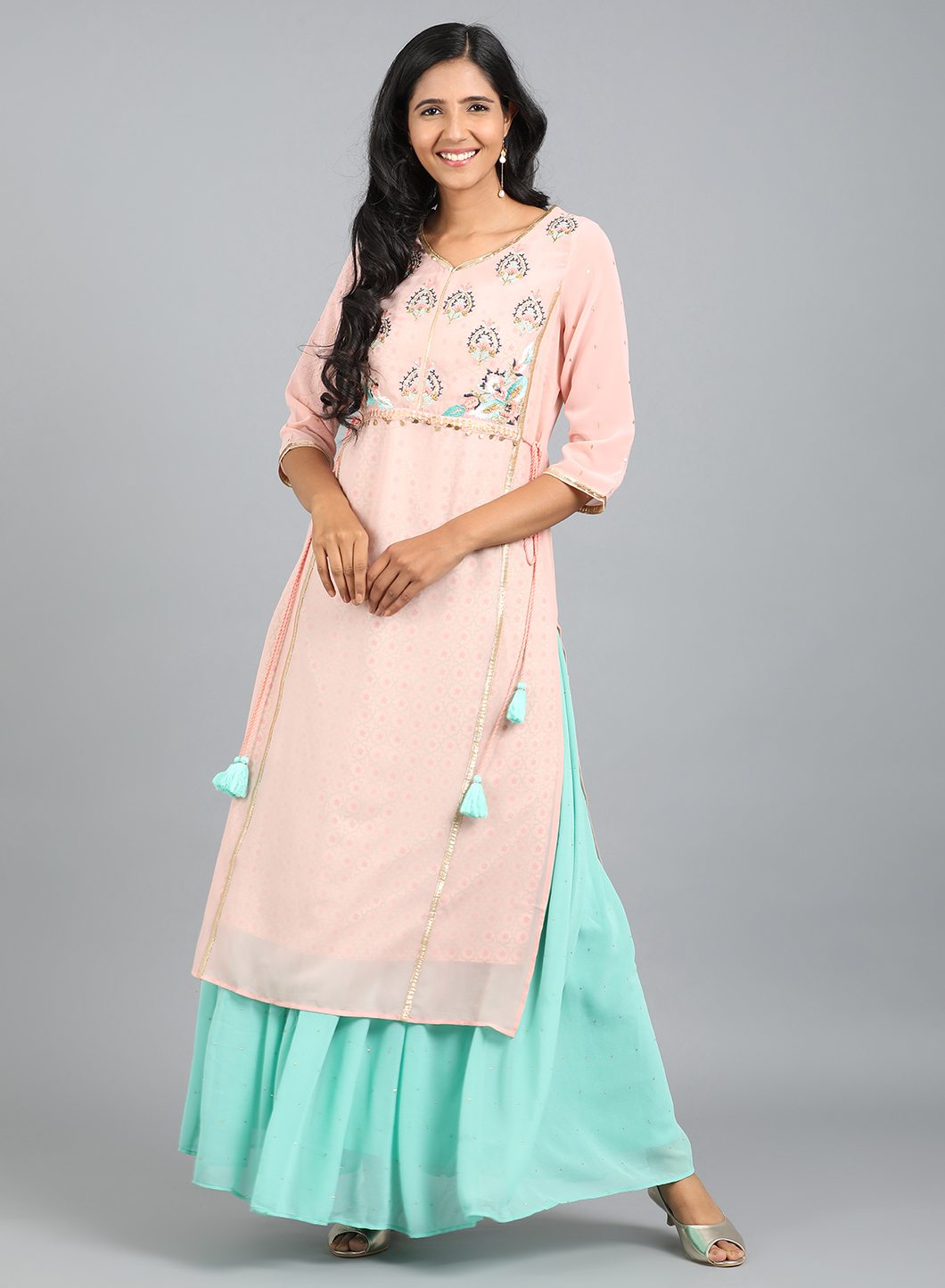 Pink V Neck Embroidered kurta