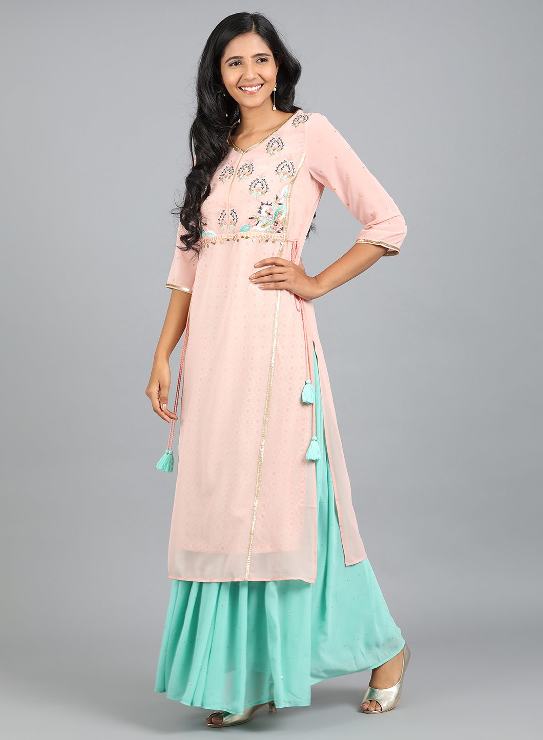 Pink V Neck Embroidered kurta