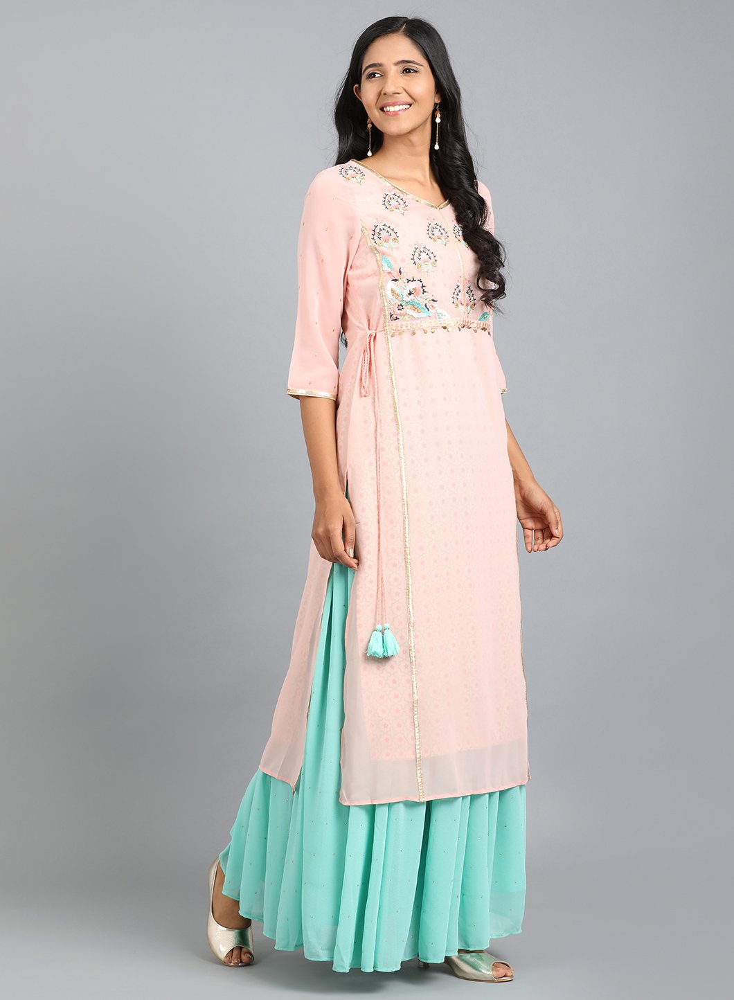 Pink V Neck Embroidered kurta