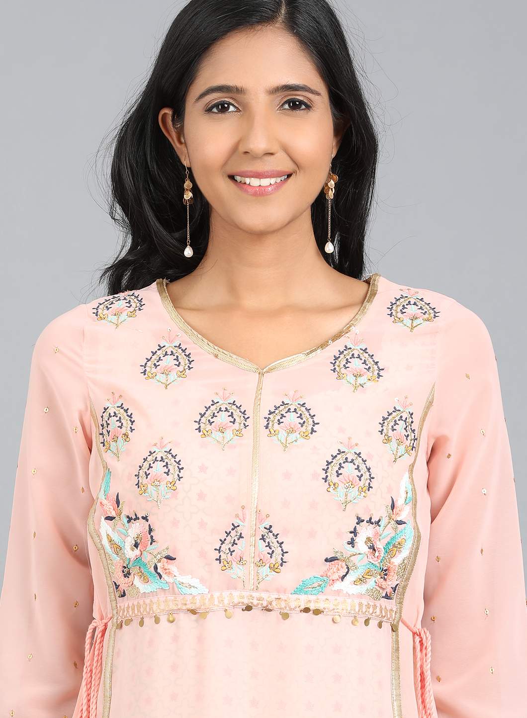 Pink V Neck Embroidered kurta