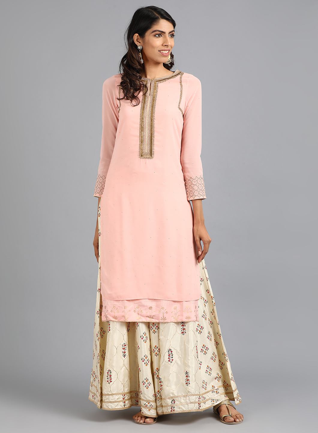 Pink Round Neck Solid kurta