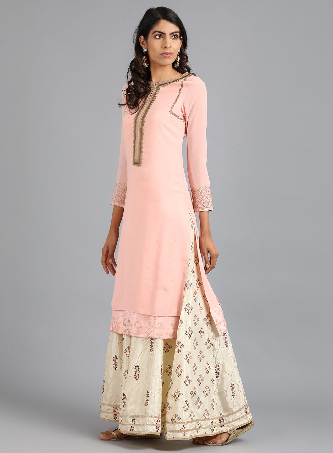 Pink Round Neck Solid kurta