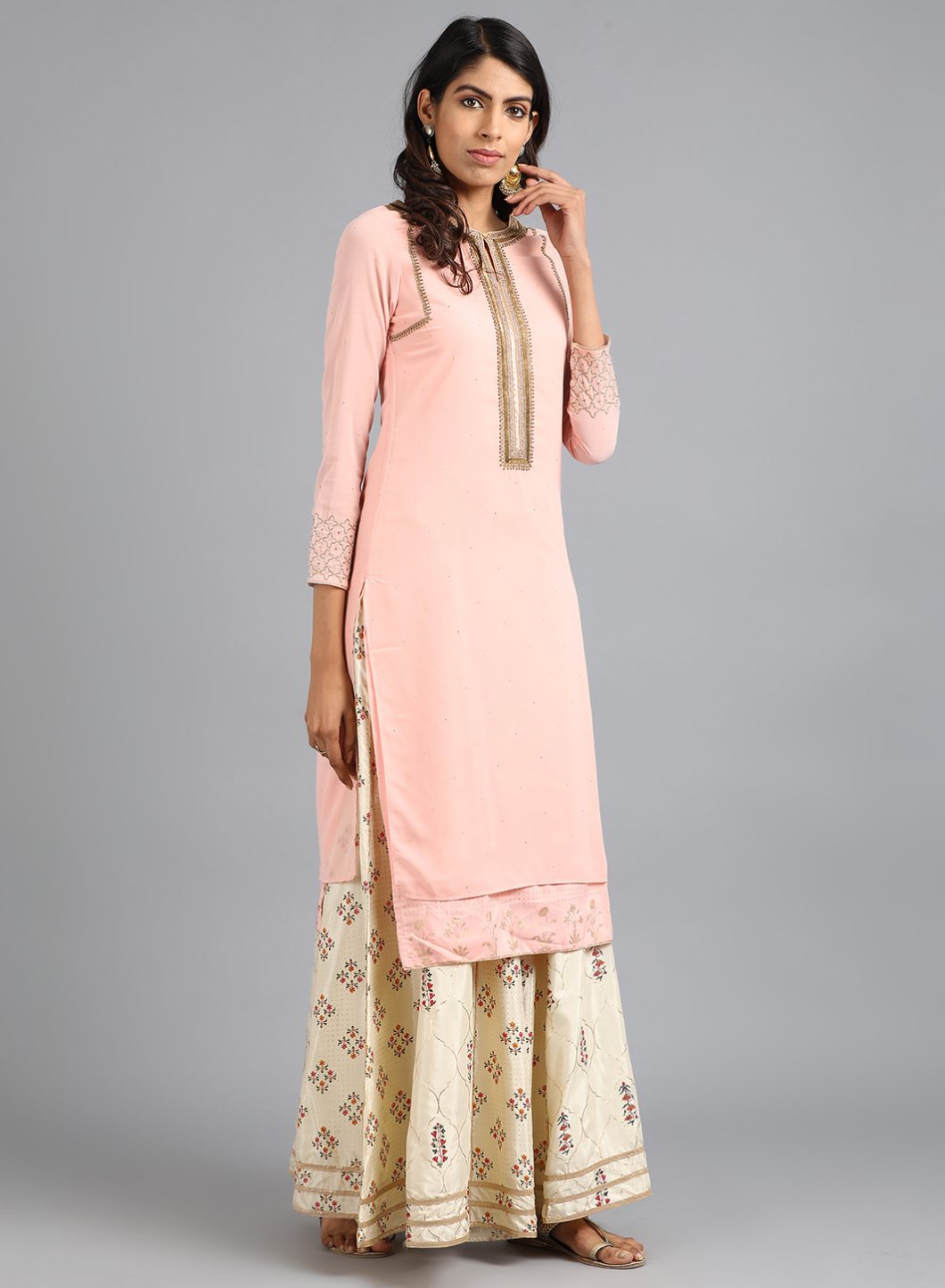 Pink Round Neck Solid kurta