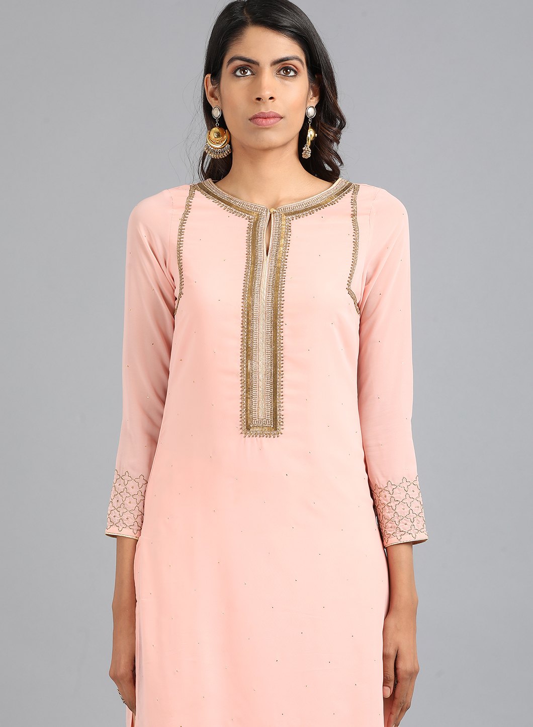 Pink Round Neck Solid kurta