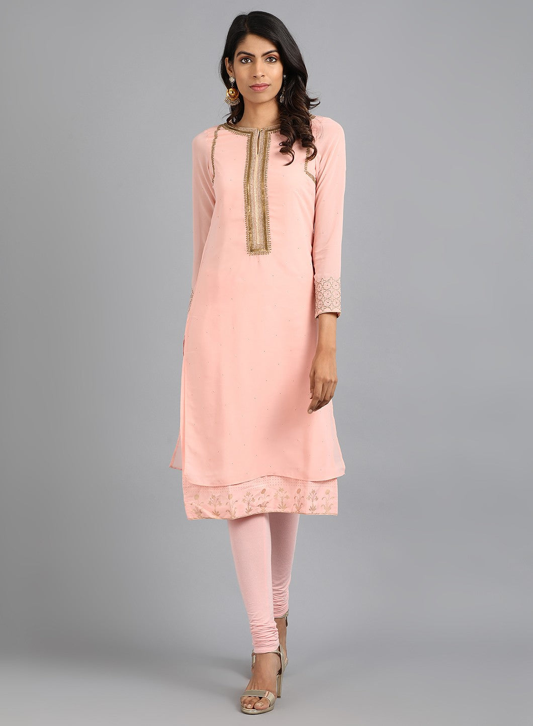 Pink Round Neck Solid kurta