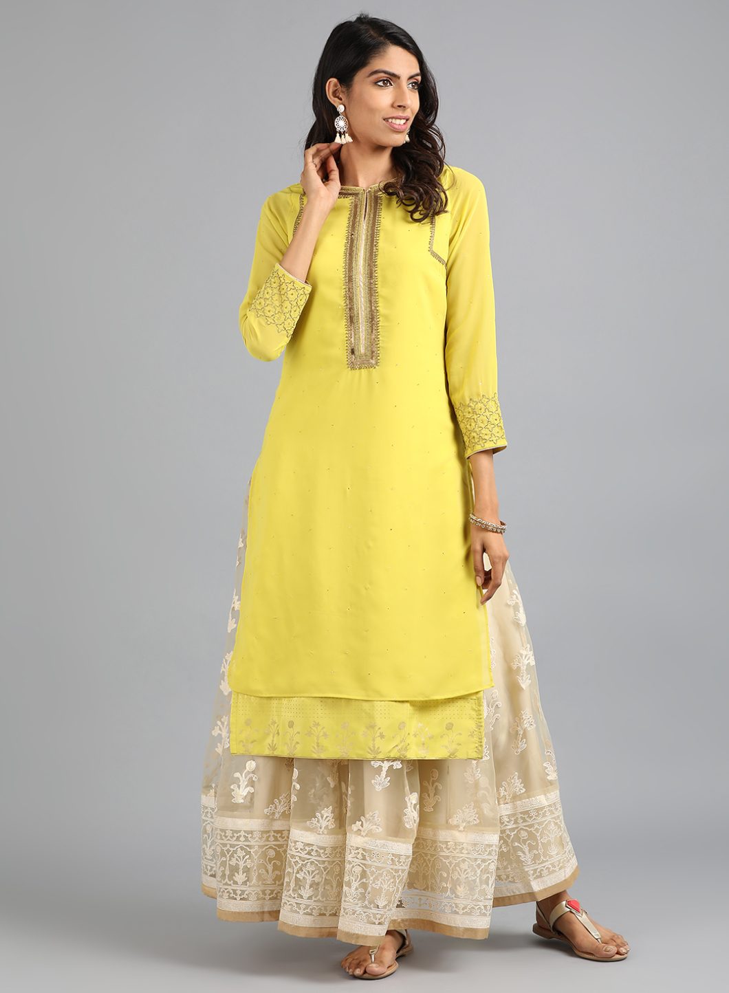 Yellow Round Neck Solid kurta