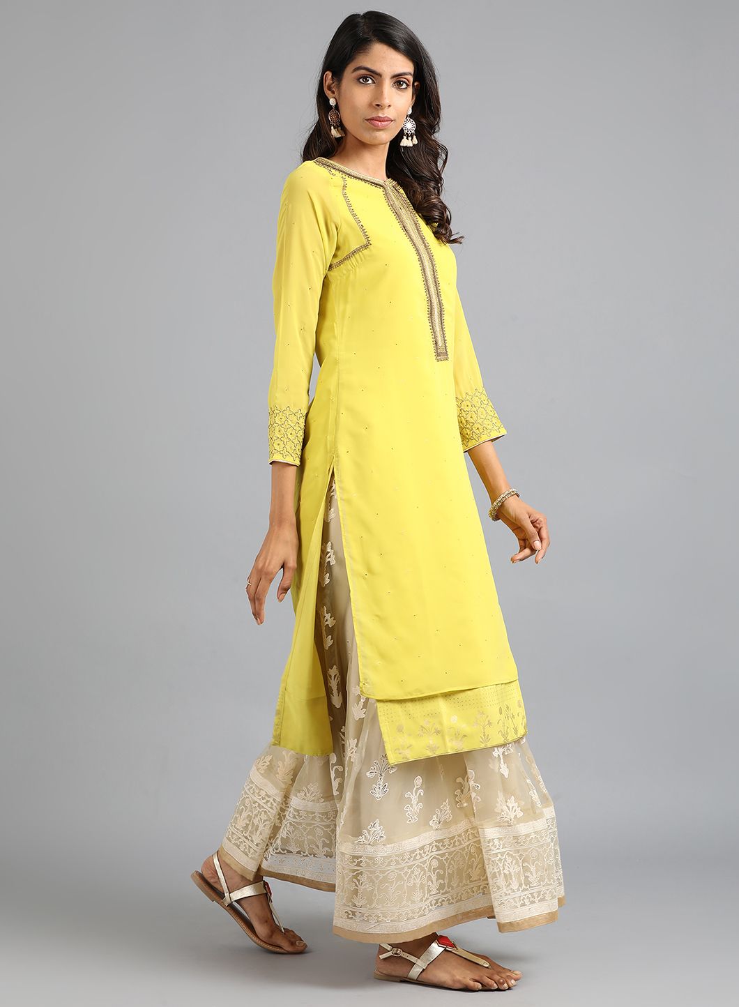Yellow Round Neck Solid kurta