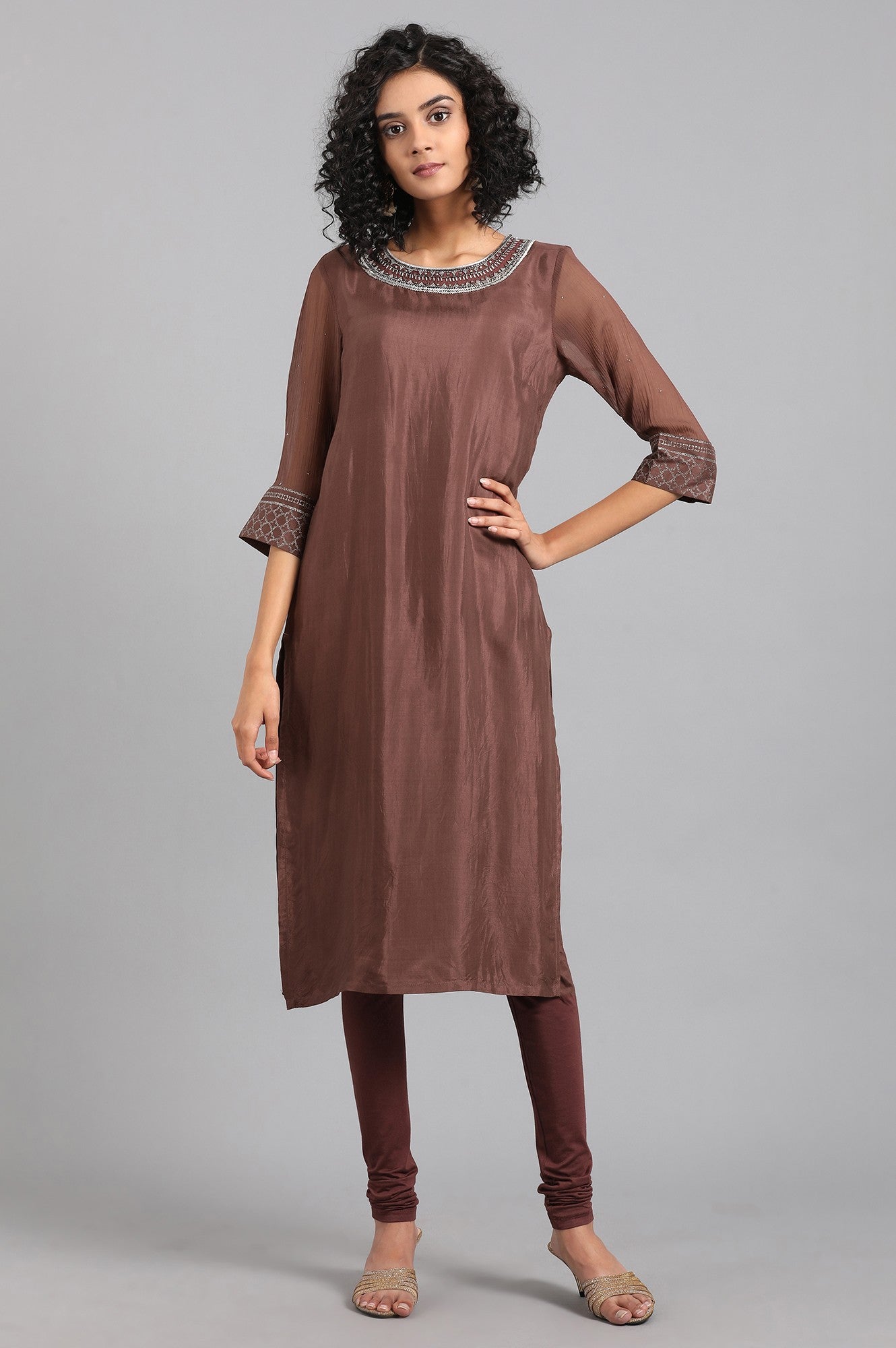 Brown Round Neck Solid kurta