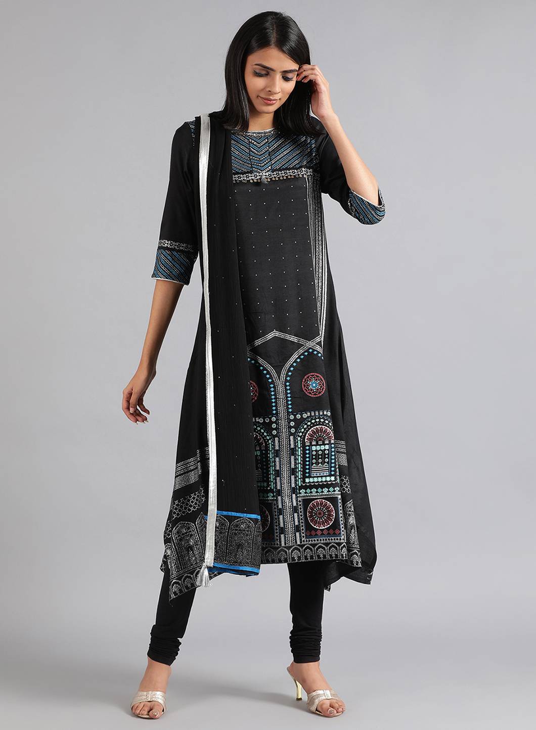 Black Round Neck Glitter Print kurta