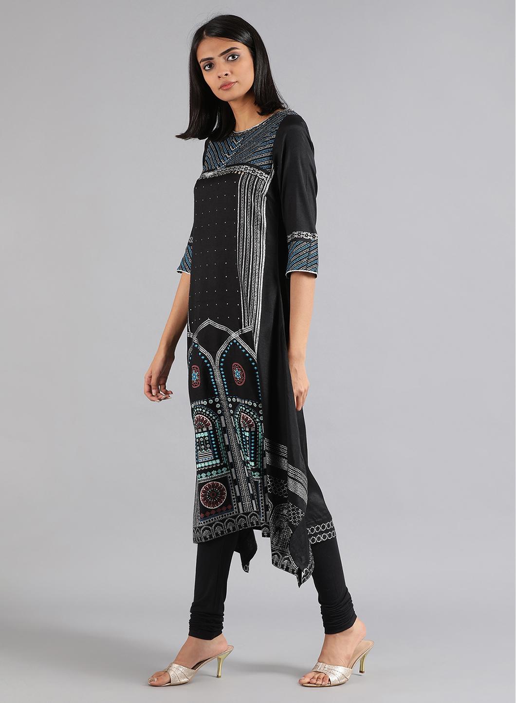 Black Round Neck Glitter Print kurta