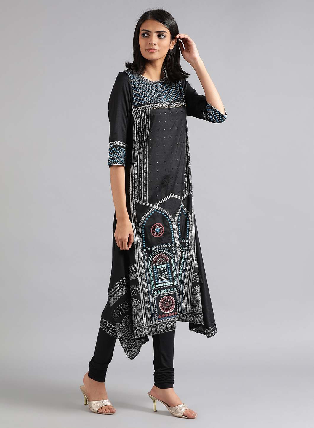 Black Round Neck Glitter Print kurta