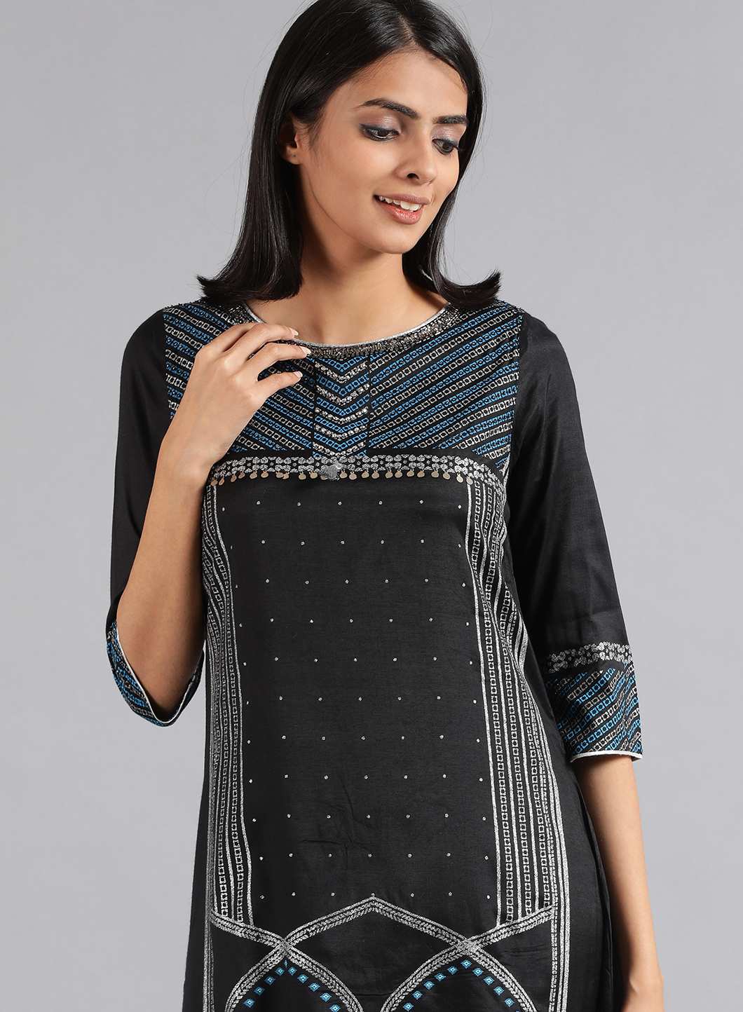 Black Round Neck Glitter Print kurta
