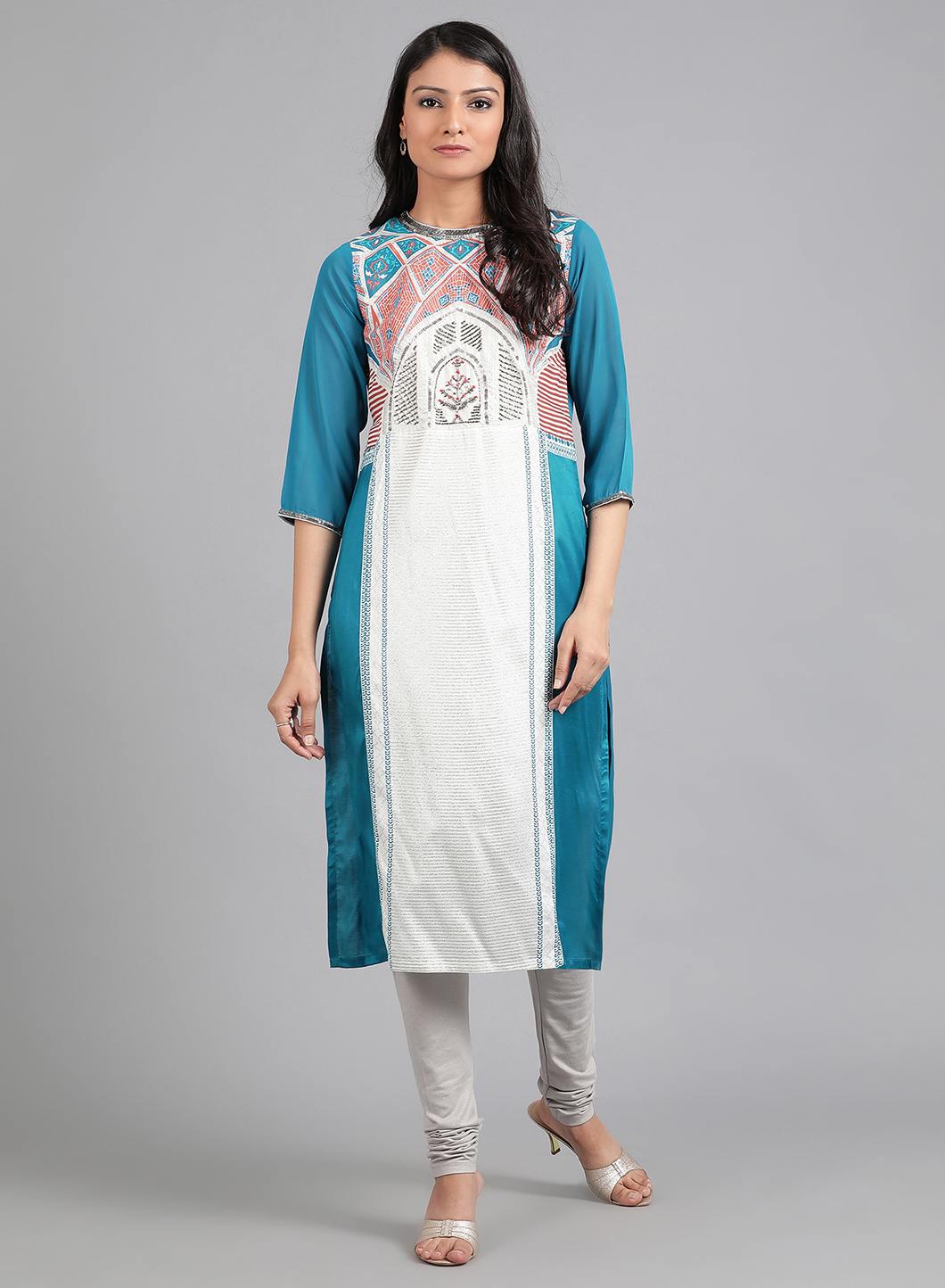 Blue Round Neck Printed kurta